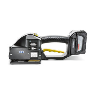 A black and yellow Fromm P328-S 5/8” Tool Only battery-powered plastic strapping tool featuring a textured grip handle, designed for securing packaging materials.